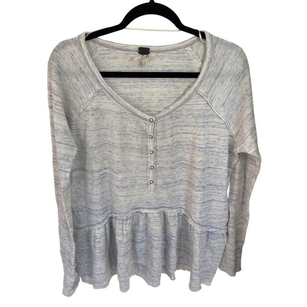 Free People Ivory/Blue Coastline Peplum Long Sleeve Top Size S Thermal‎ Oversize